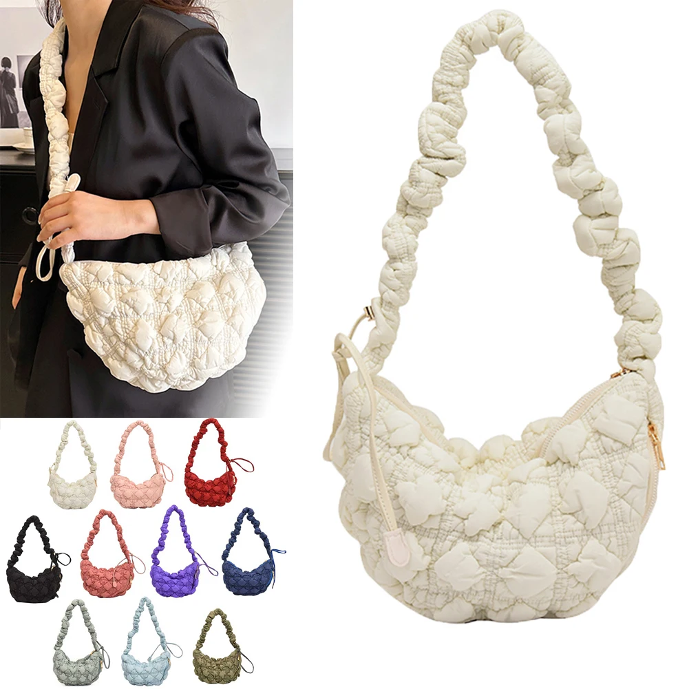 

Женская сумка-хобо для покупок, стеганая дизайнерская нейлоновая Хлопковая сумка-хобо через плечо, милые корейские женские тоуты, зима 2023