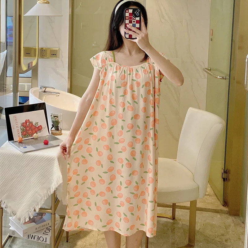 Square Neck Short Sleeve Attractive Nightwear New In Women's Sleepwear Big Size Clothing Thin Loose Nightgown Printing Homewear
