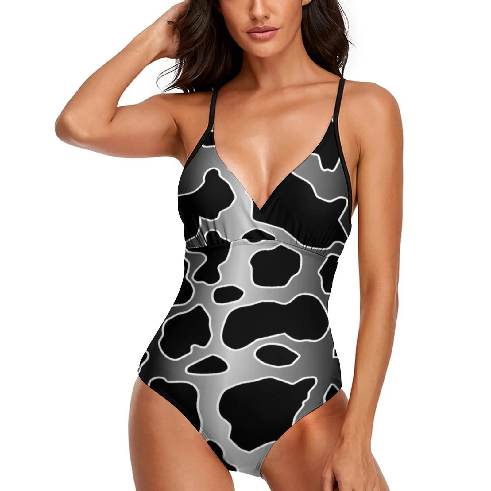 

Black White Cow Print Swimsuit Sexy Gray Gradient Faded Spots Sling Swimwear One Piece Aesthetic Swimsuits Fitness Beach Wear
