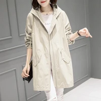 womens mid length trench coats 2021 new thin female coat casual outerwear spring autumn solid color hooded zipper windbreaker