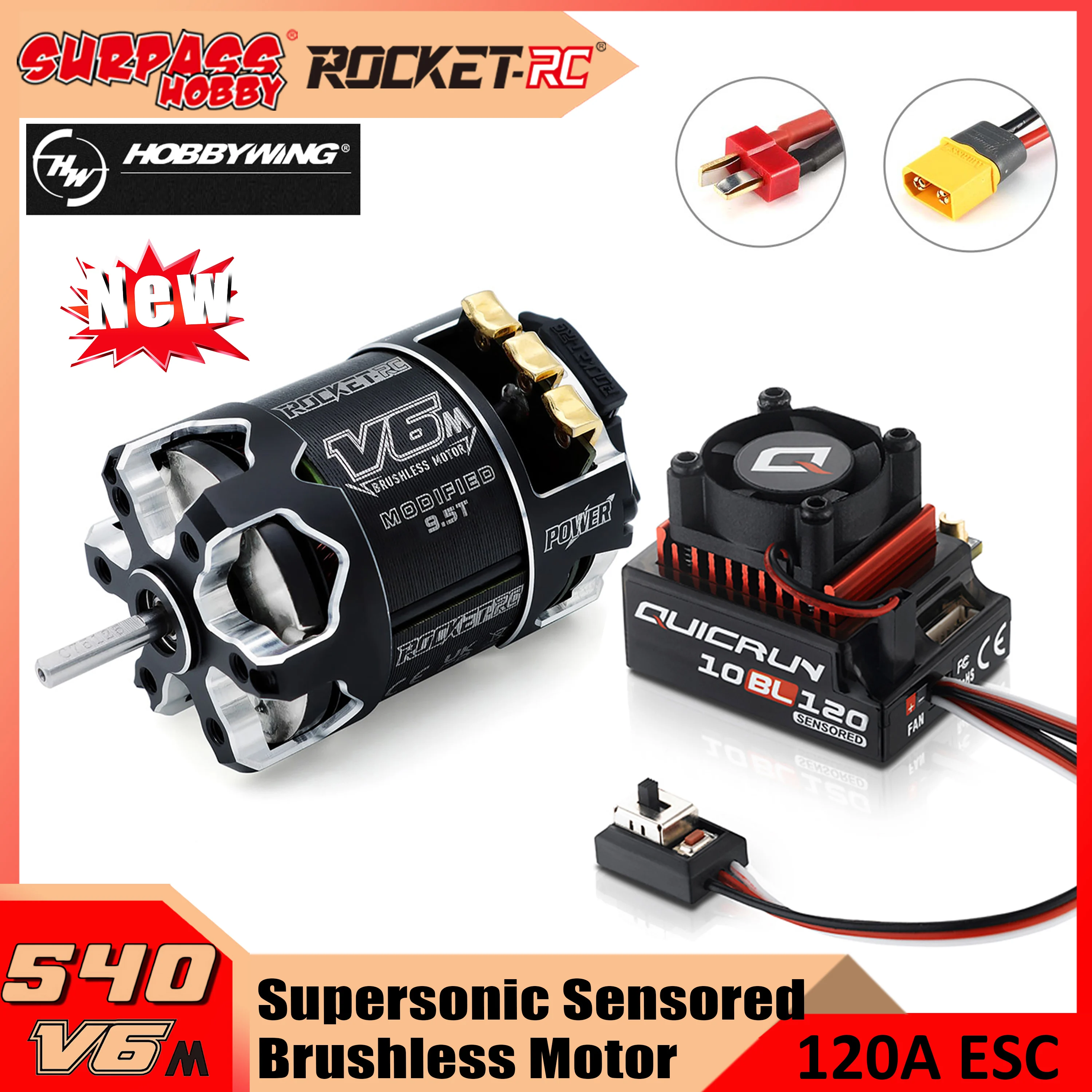 Surpass Hobby ROCKET 540-V6M Competition Sensored Brushless Motor w/ Hobbywing QUICRUN 10BL120 120A ESC Combo For 1/10 RC Car