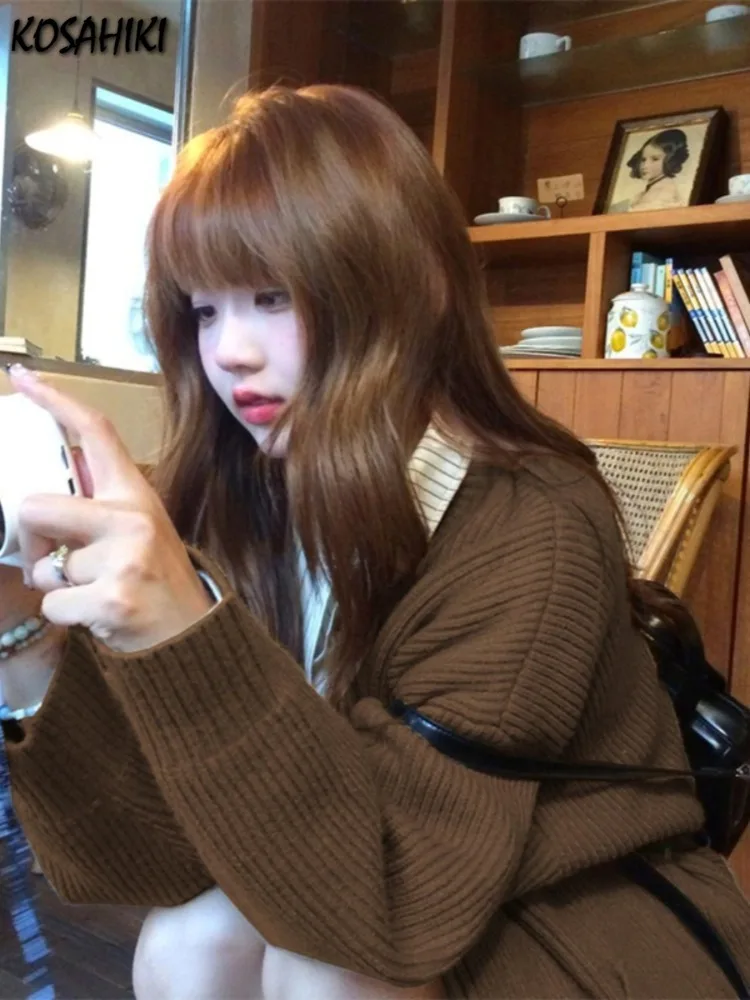 Женский трикотажный кардиган в стиле Харадзюку повседневный однотонный с