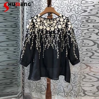 2022 new womens wear inner with suspenders embroidery pullover blouses elegant round neck thin black tops two piece top ladies