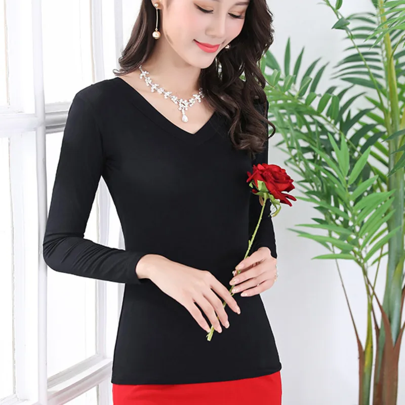 

#1589 Korean Skinny T-shirts In Women Cotton Casual Slim Tee Shirts Ladies Black White Tshirts Female Long Sleeve V-neck Tops