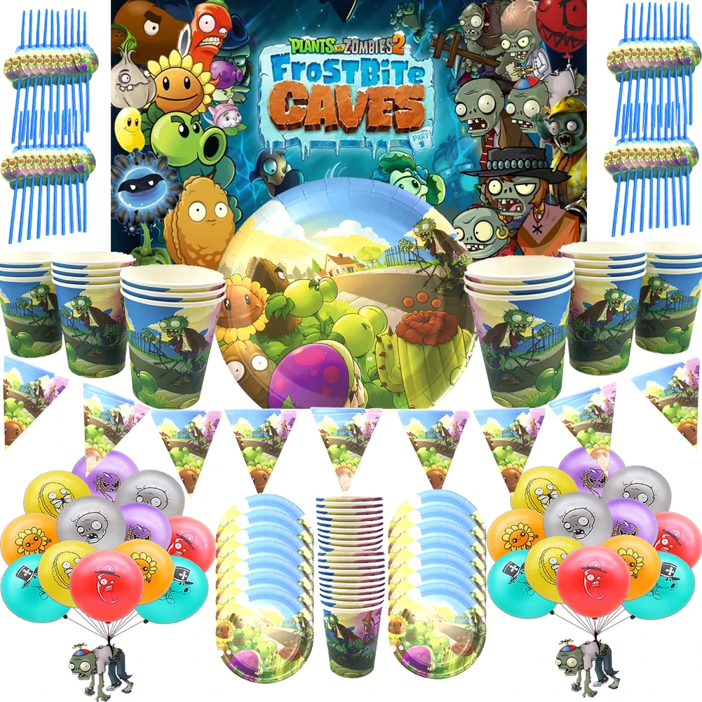 Plant Vs Zombies Cartoon Game Party Supplies Kids Birthday Party Stoviglie Usa E Getta Cup Plate Flag Baby Shower Decoration