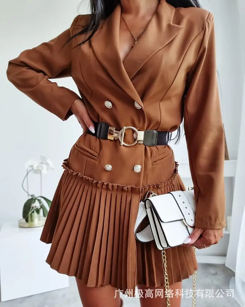 

Pleated Buttoned Frill Hem Blazer Dress Without Belt Women High Waist Autumn Winter Long Sleeve Solid Color Mini Dress