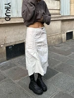 yikuo white front shirring drawstring casual long skirts womens back pockets streetwear low waist loose preppy cargo skirt