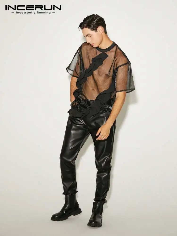 

Sexy Leisure Style Tees Men's Organza Front Panel Stitching Camiseta Casual Male See-through Half-sleeve T-shirts S-5XL INCERUN