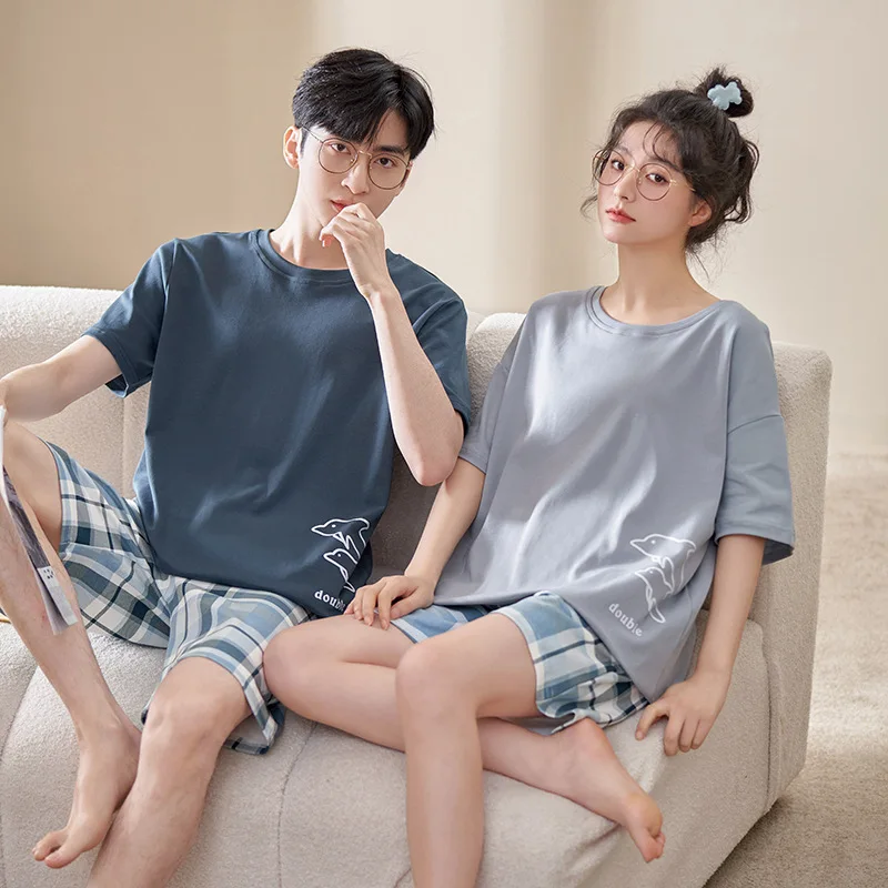 Summer Youth Couple's Pajamas Set Shorts Cotton Soft Breathable Sleepwear For Women Men Matching Lounge Wear Cartoon Printed Pjs