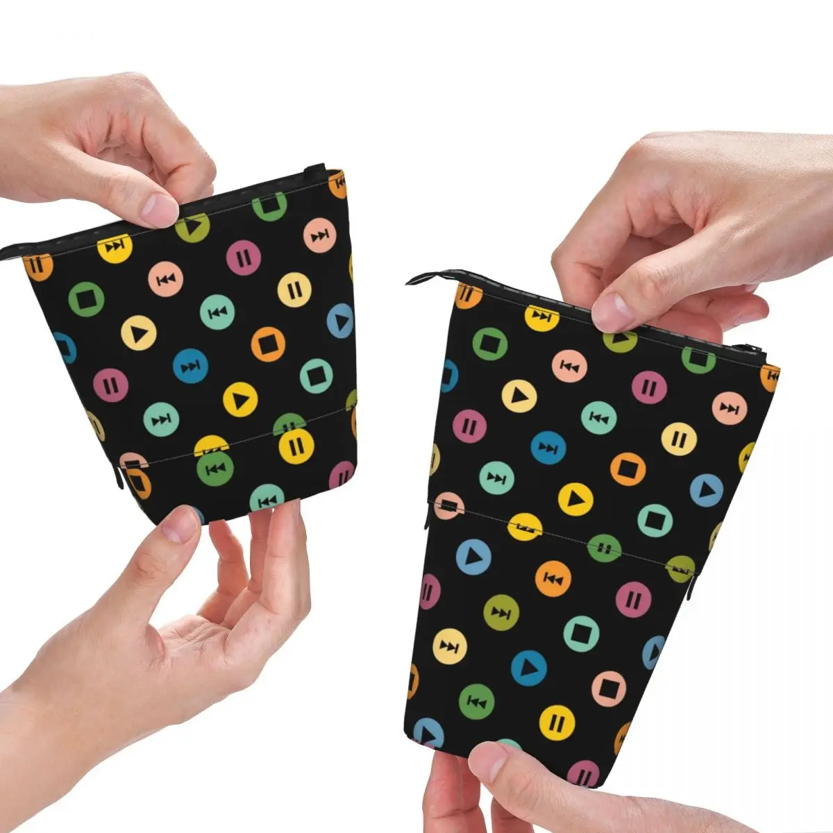 

Music Player Icons Fold Pencil Case Polka Dots Print Teens Kawaii Standing Pencil Box Elementary School Pen Bag