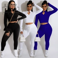 two piece womens clothing casual solid color v neck zip tie slim fit long sleeve top trousers 2 piece sportswear matching set