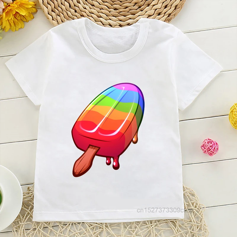 

Children's T-shirt Cute Rainbow Popsicle Print Boys' T-shirt Funny Ice Joy Preschool T-shirt Casual Girl White Short Sleeve