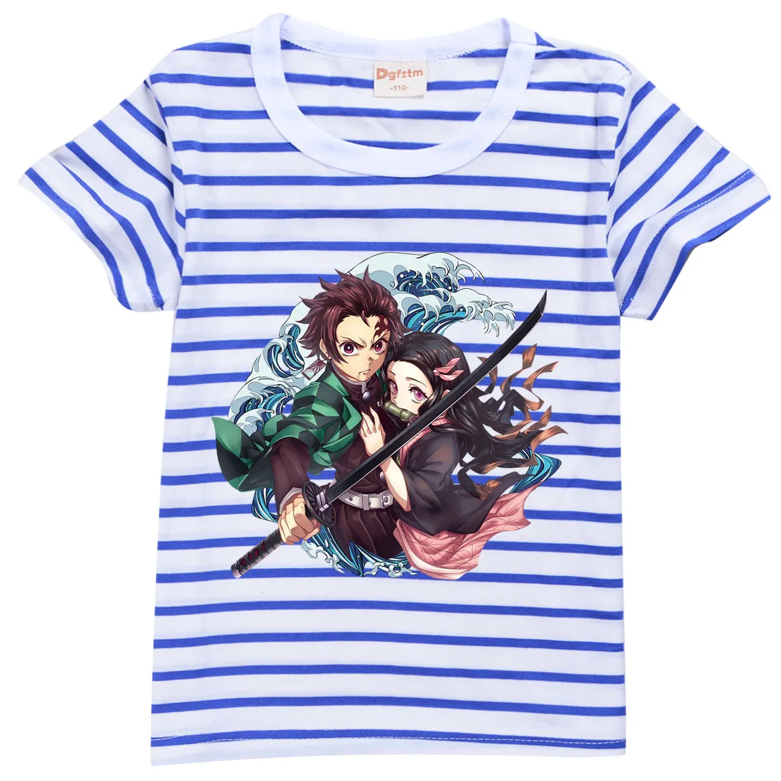 

Boys Girls Anime Cartoon Demon Slayer Printing Short Sleeves O-neck Summer Casual T-shirt Kids Outdoor Wearing Striped Top Tee
