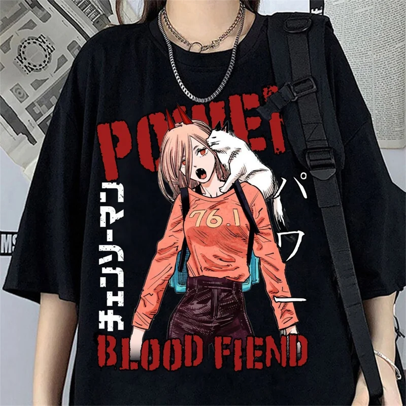 

Chainsaw Man Power with Cat Anime Women T-shirts Cute Tees Kawaii Unisex T Shirt Fashion Woman Blouses Tees Y2k Clothes Tops