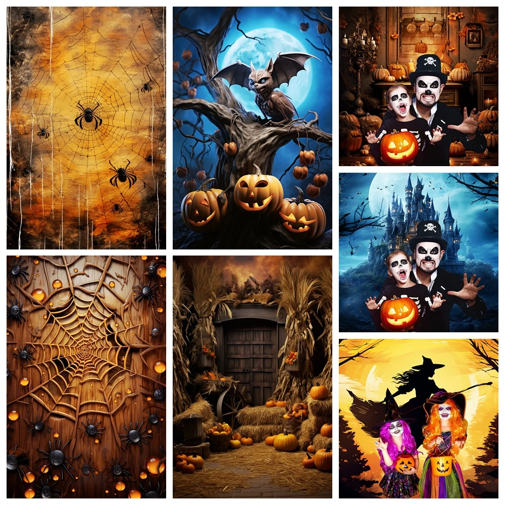 Фон для фотосъемки с изображением замка на Хэллоуин, тыквы, деревянной стены, паутины, ведьмы, детского дня рождения, торта, разбитого постера
