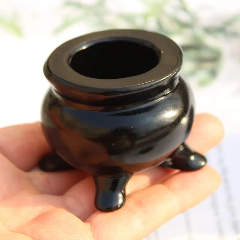 Hand Carved Natural Black Obsidian Crystal Small Witch Censer Cauldron Carving For Halloween Decoration
