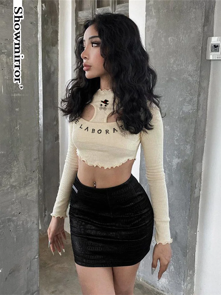 

Showmirror модная повседневная Милая короткая футболка, Женская Осенняя простая облегающая эластичная уличная одежда, офисный кроп-Топ для женщ...