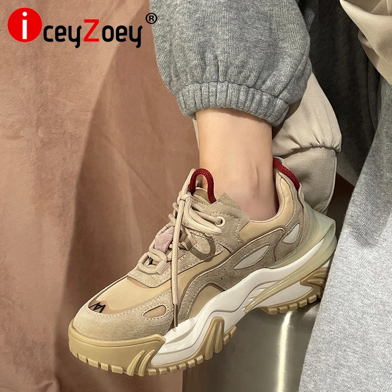 

IceyZoey Women Sneakers Real Leather Mixed Color Spring Heels Shoes Woman Ins Stylish Street Fashion Ladies Footwear Size 35-40
