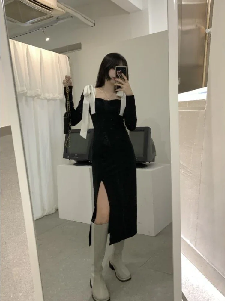 

Deeptown Coquette Y2k Black Midi One Piece Dress Women Korean Style Split Long Sleeve Bodycone Dresses Elegant Vestidos Autumn