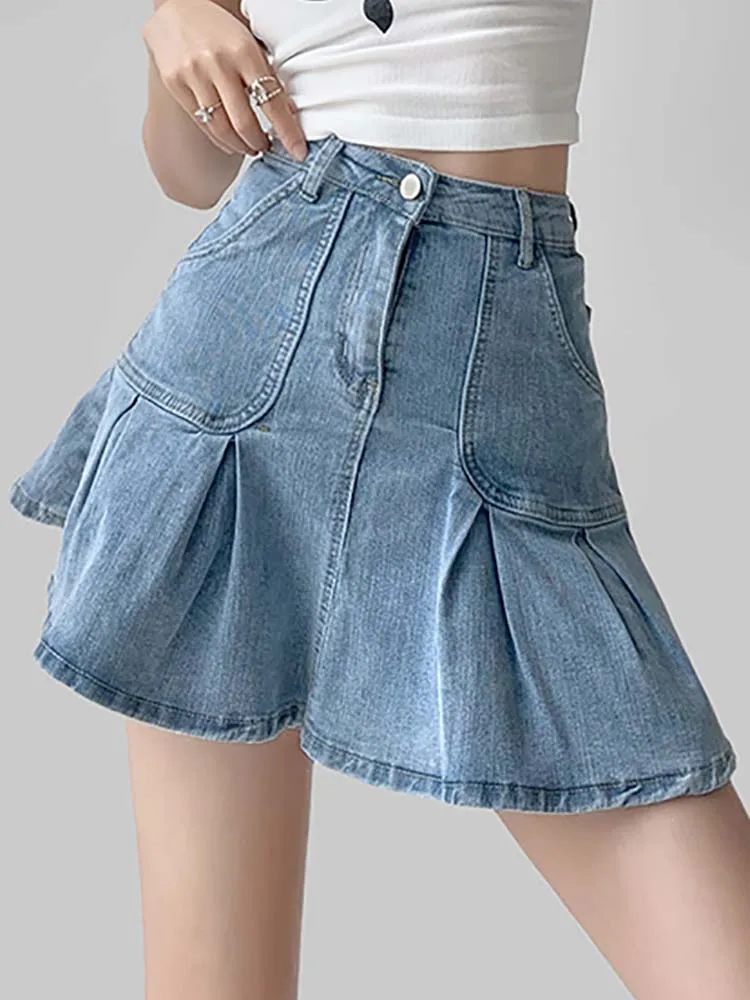 

Harajuku Punk Y2K Denim Mini Pleated Skirt Ladies Summer High Waist Jeans Shorts Skirts Women Ruffles Fashion Korean