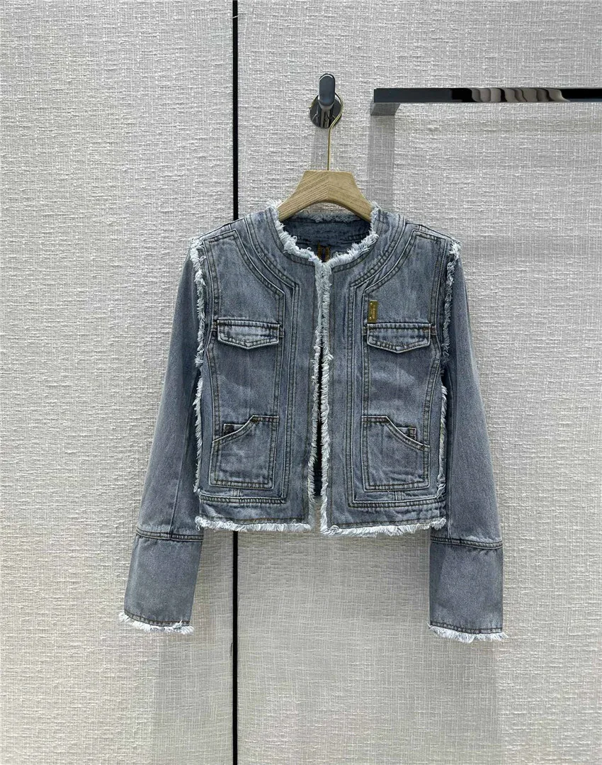 

Top Quality Women Vintage Wash Water O Neck Metal Buttons Denim Jacket Coat