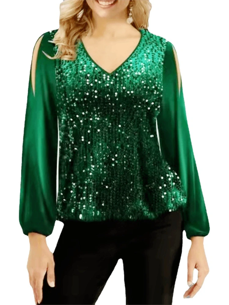 

Women's Clothing T-Shirts Spring and Autumn V Neck Pullover Top Bead Splice Shoulderless Fashion Lantern Sleeve Women's T-Shirt
