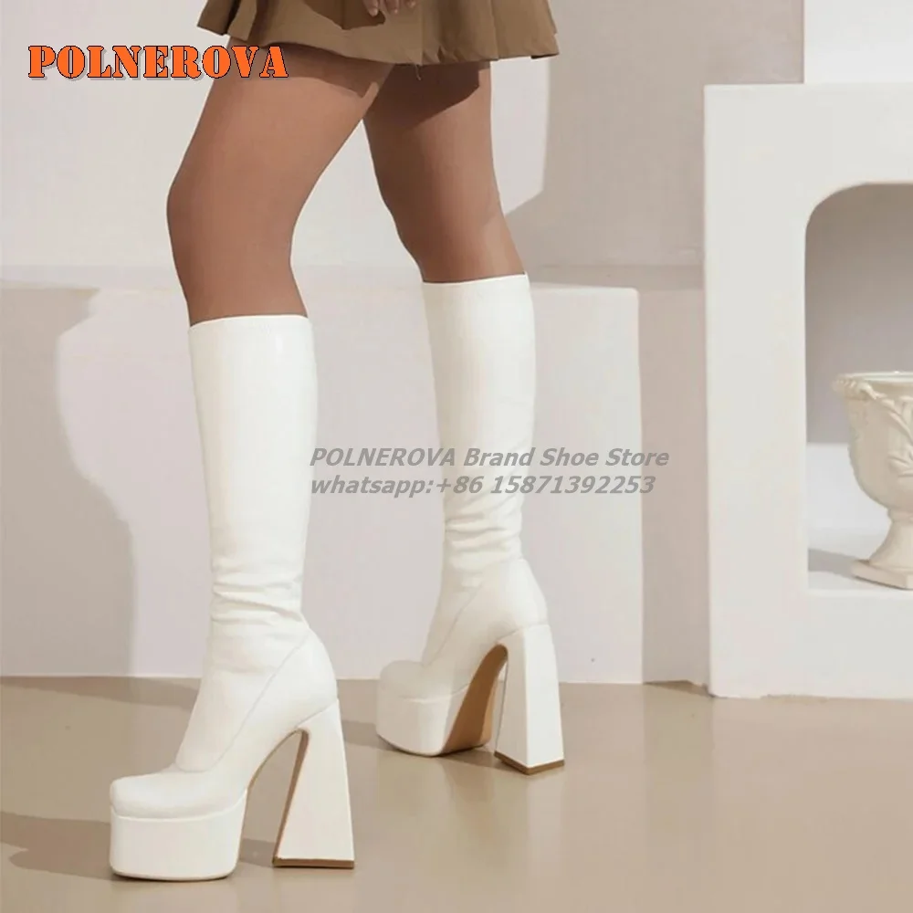 Коричневые ботинки до середины икры на платформе с квадратным носком