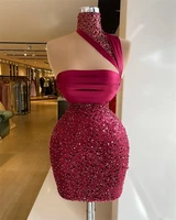 sexy wine red mermaid prom dresses high neck sequined beased lace evening gowns satin cocktail party dress