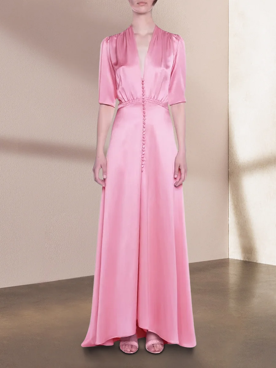 

Premium Pink Dress Satin Light Luxury Little Gift Dress Slim Fit Elegant Celebrity V-Neck Long Dress Irregular Skirt Girl