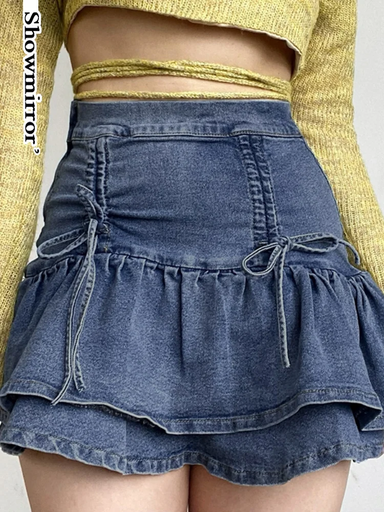 

Showmirror Ruffles Hem Preppy Style Denim Skirts Womens Korean Fashion Ruched Tie Up Bow Cute Kawaii HighWaist Mini Y2K Jean Ski