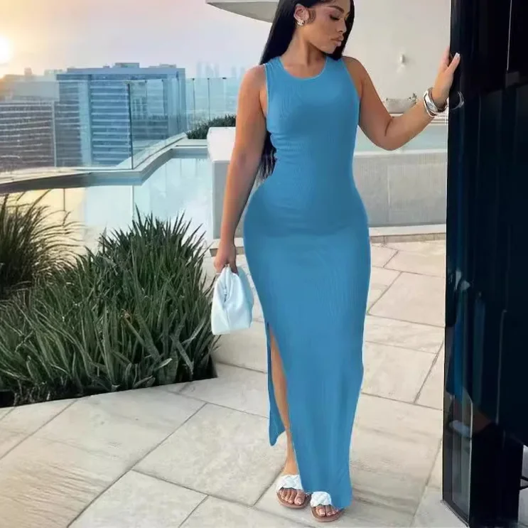 Женское облегающее платье без рукавов с круглым вырезом и высокой талией