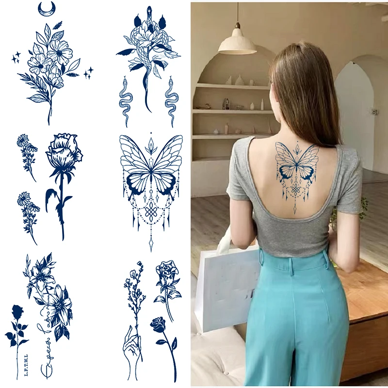 

Травяные Волшебные Временные татуировки, наклейки, бабочка, цветок, змея, узор, Реалистичная татуировка на спине, водонепроницаемая бумага ...