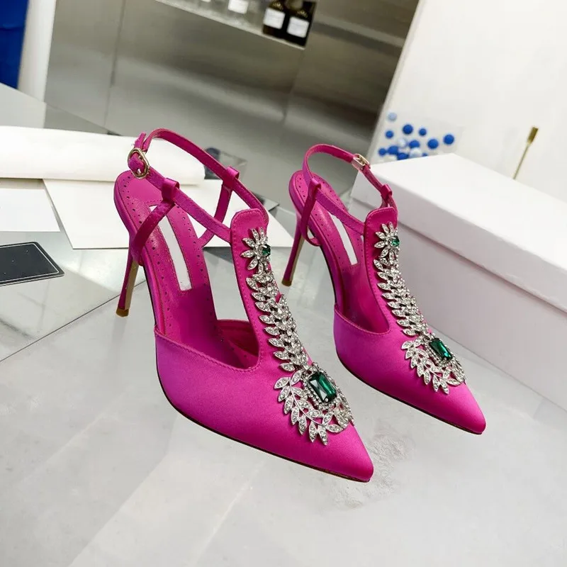 Pointed-toe ladies sandals 2023summer new rhinestone square buckle high-heeled toe stiletto satin chain back empty Roman shoes