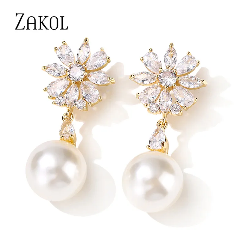 

ZAKOL милые кубические циркониевые серьги-капли с цветком для женщин, имитация жемчуга, висячие серьги, корейская мода, Свадебная вечеринка ...