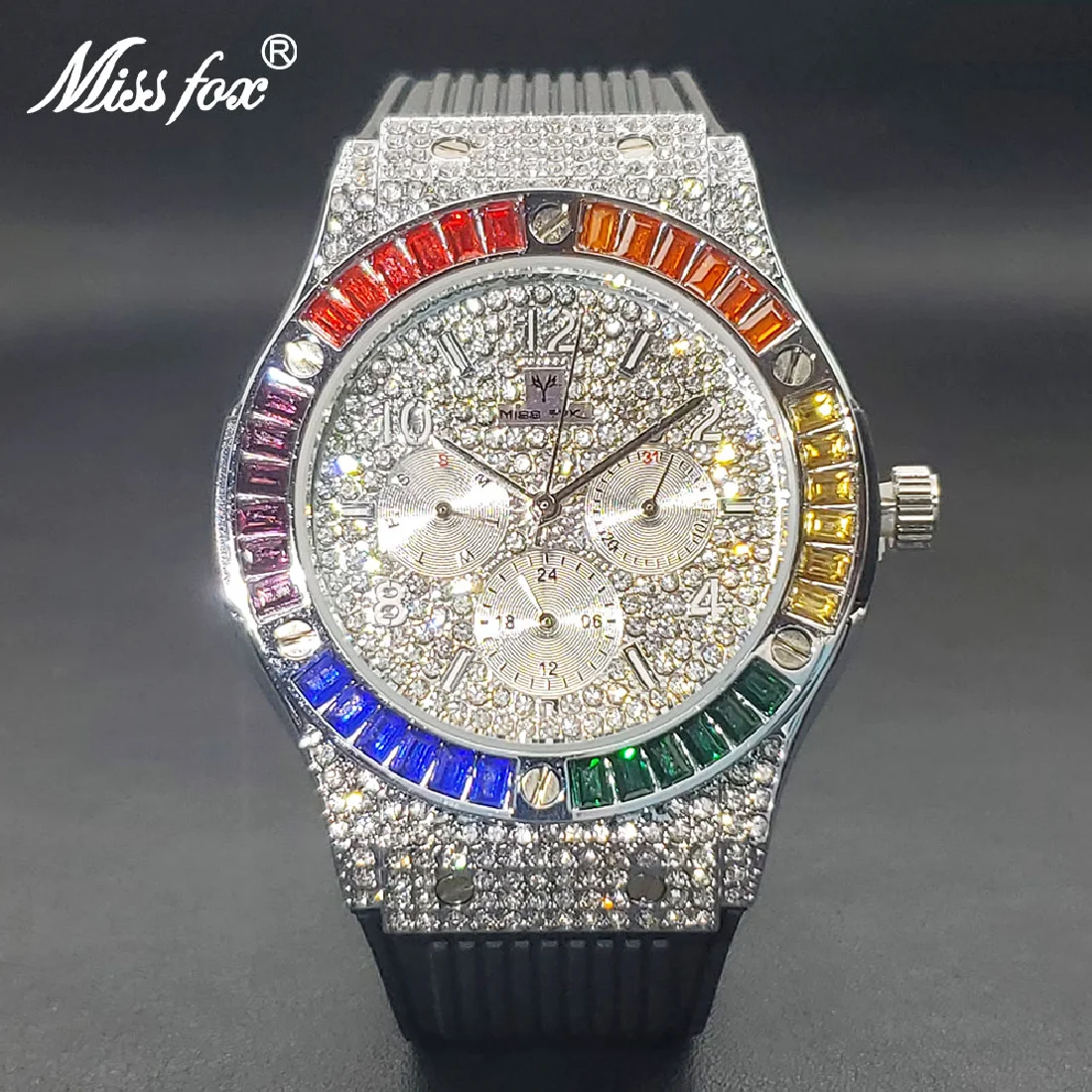 

Men's Quartz Watch With Rainbow Diamond Luxury Stylish Sport Wristwatch For Men Chronograph Silicone Strap Watches Winner Gift
