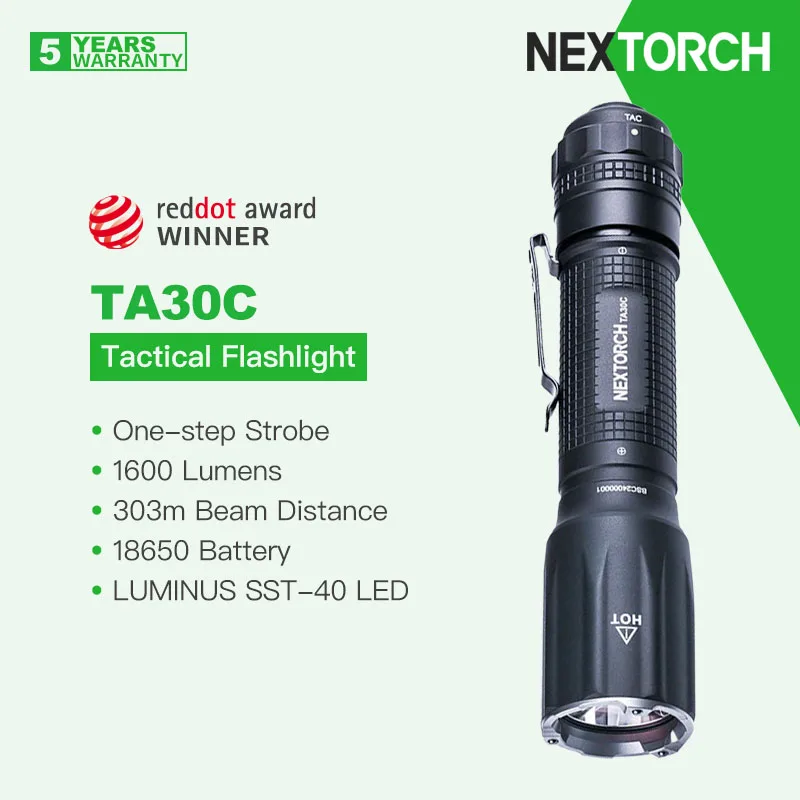 Тактический перезаряжаемый фонарик Nextorch TA30C, 1600 люмен, луч 303 м, аккумулятор 18650, магнитный вращающийся переключатель с защитой от помех