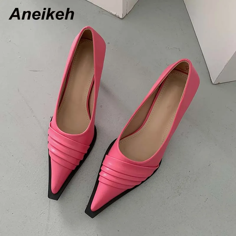 

Aneikeh 2022 Pleated Women Shoes Summer Pointed Toe Thin Heel MATURE Shallow Sexy Party Dress Pumps Fashion Apricot Size 35-39