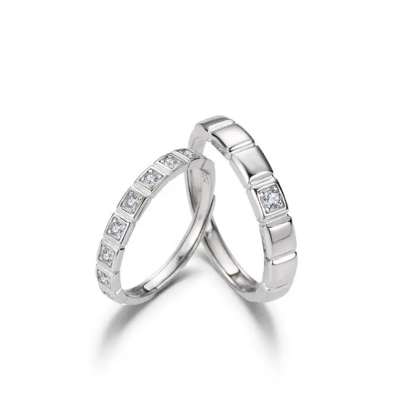 

Trendy 925 Sterling Silver Wedding Ring Couple Set Minimalist White Gold Plated Square CZ Promise Jewelry