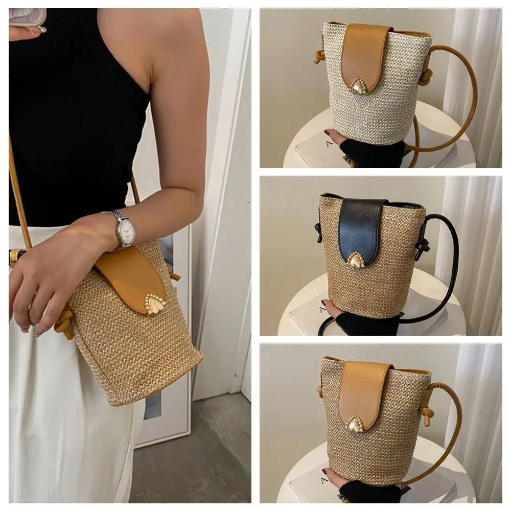 

Korean Woven Straw Shoulder Bag Crossbody Bags Bucket Bag Summer Beach Handbags Purse Travel Shopper Bag for Women