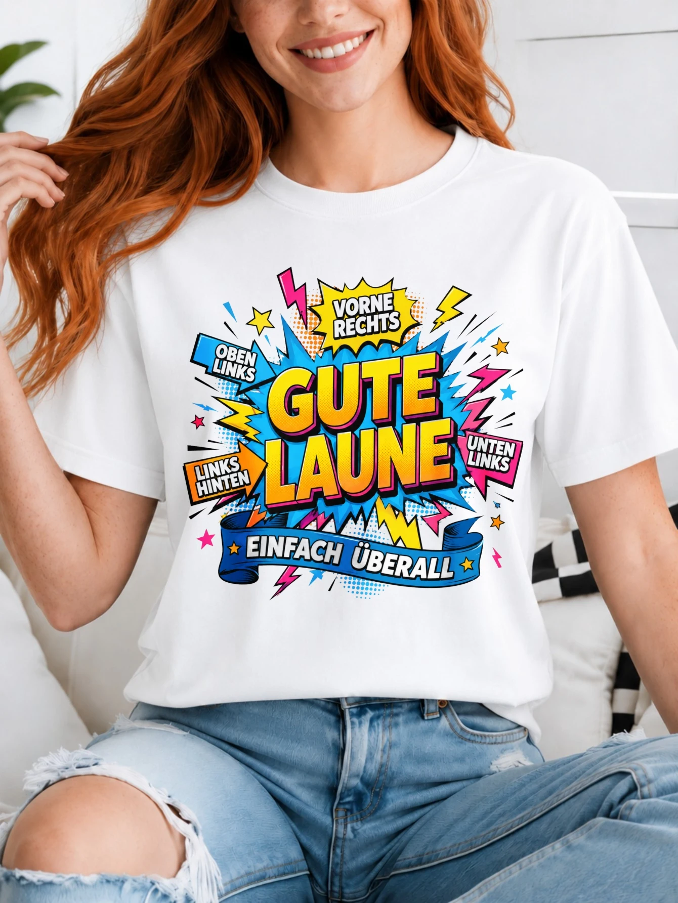 Фото Футболка унисекс Gute Laune Uberall с синими молниями и немецкими дорожными знаками. №1