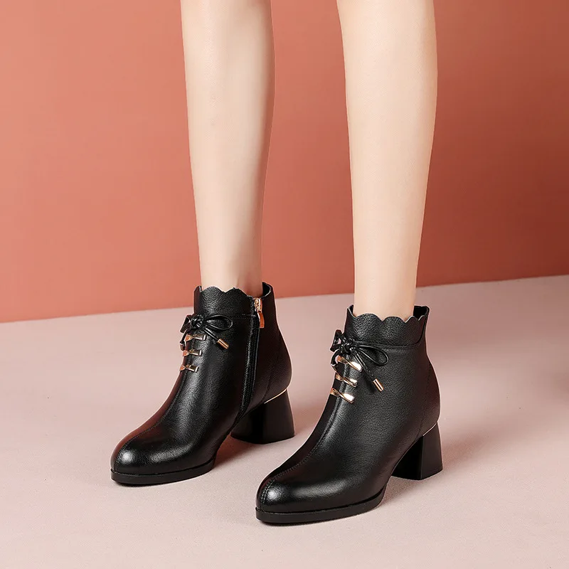 2022 OL Fashion Work Pumps For Women Office Shoes Modern Boots Autumn Bow Mid Heels Pointed-toe Female Short Boots Ankle Boots