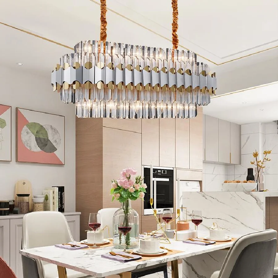 

new crystal chandelier stainless steel LED chandelier lamp Rectangular restaurant luxury living room luster decorative lamp