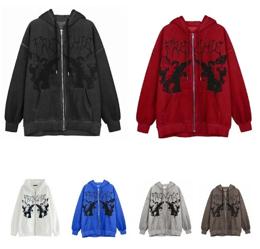 Y2K Clothes Women Vintage Printed Zip Up Hoodie Sweatshirts Oversized Ladies Casual Loose Zipper Jackets Hooded Tops Streetwear
