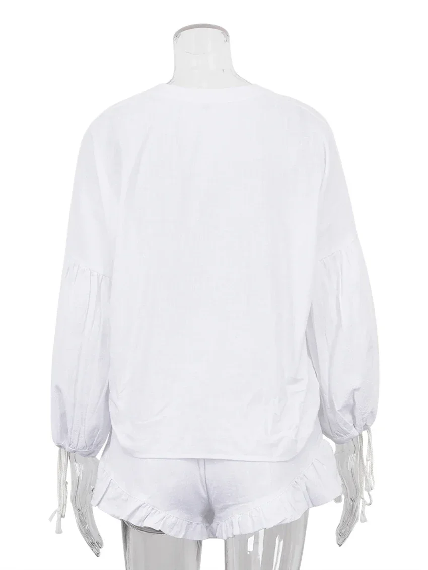 Повседневный свободный белый хлопковый комплект с элегантной кружевной