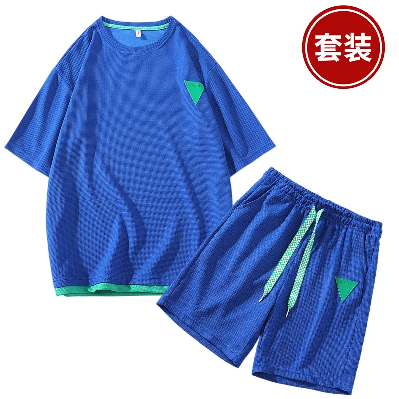Waffle Casual Suit Men's Summer Short Sleeve T-shirt Men's Suit with Handsome Fashion Brand Sports Tops