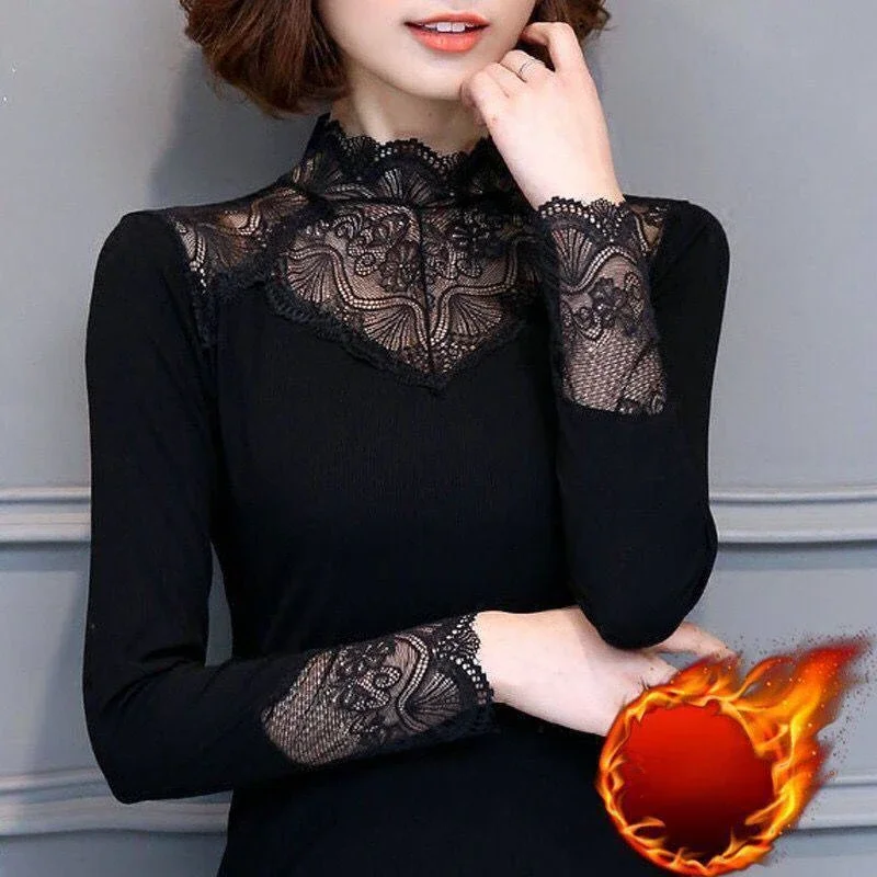 Мягкая и утепленная кружевная нижняя рубашка водолазка с длинным рукавом