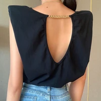 summer fashion chic black casual shoulder padded backless metal chain t shirt loose female ladies t shirts sexy sleeveless tops