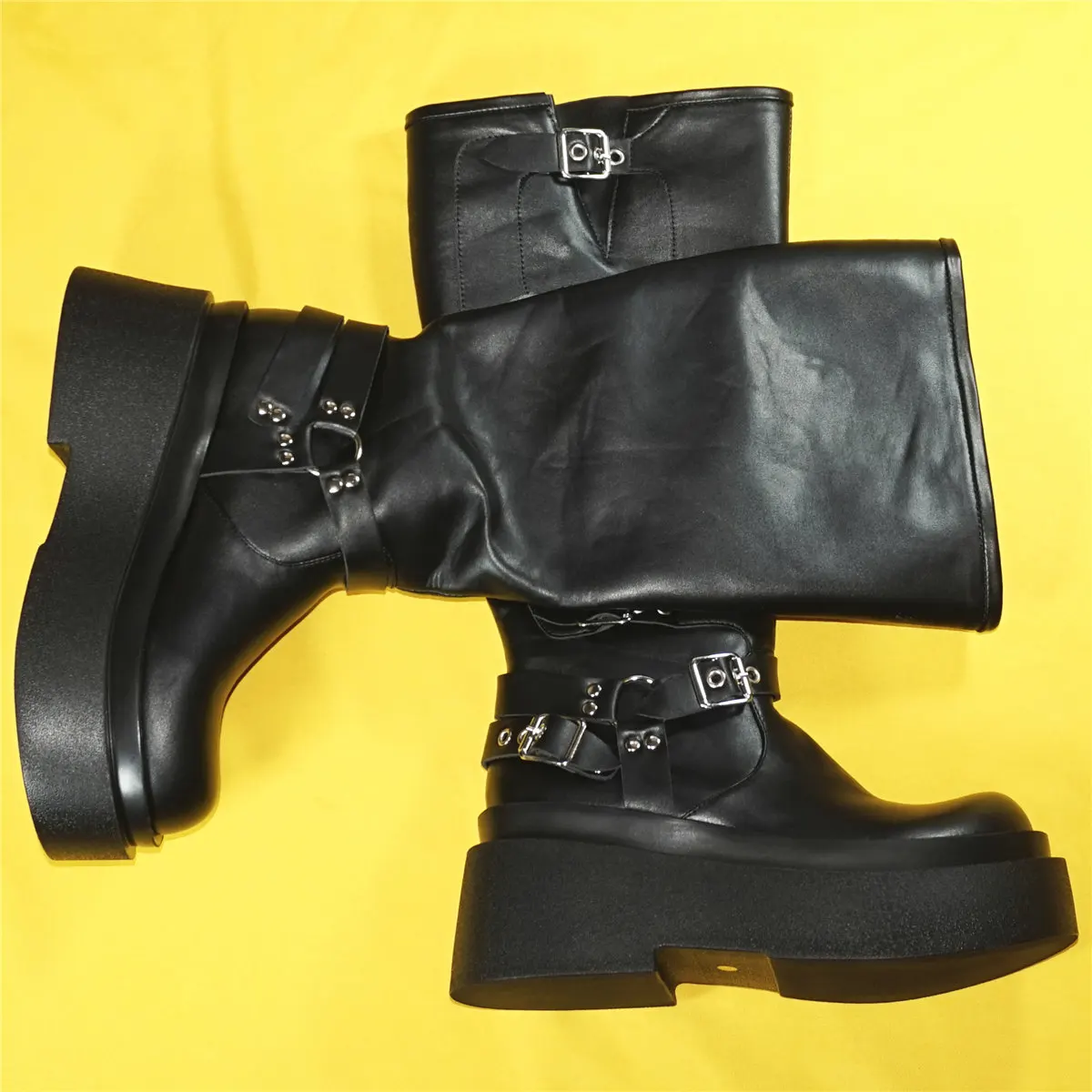 Black Chunky Platform Pumps Shoes Women Pull On Wedges High Heel Knee High Boots Female Round Toe Fashion Sneakers Casual Shoes