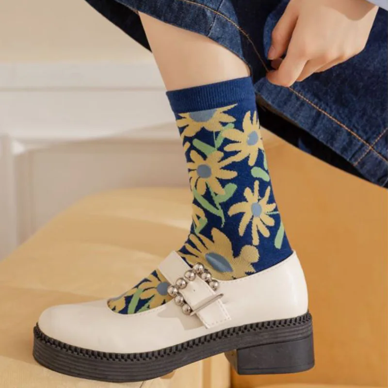 5 Pairs Middle Tube Cotton Socks Women Fashion Animal Print Kawaii Socks Long Autumn Winter Cycling Designer Brand Foot Warmers