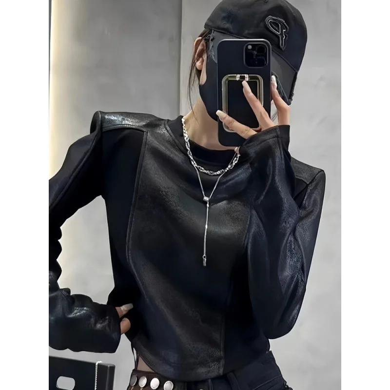 Ретро мотоциклетная женская футболка с длинным рукавом Y2K лоскутный дизайн